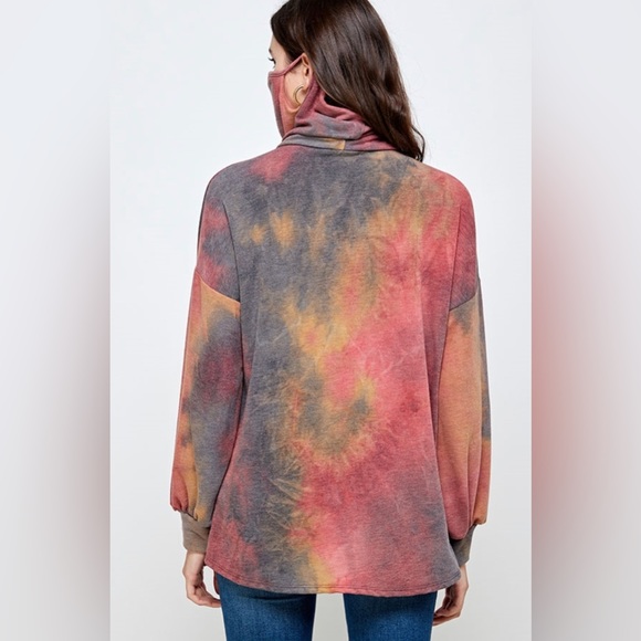 563 ❤️ PLUS SIZE TIE DYE PULLOVER WITH FACE COVERING OPTION- RED MUSTARD - Picture 2 of 4